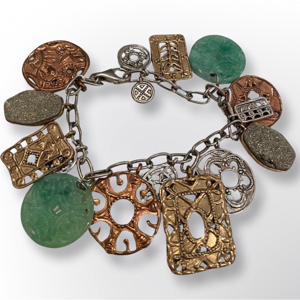 Silpada Treasure Trove Sterling Copper Bronze Carved Jade Coin Charm Bra…